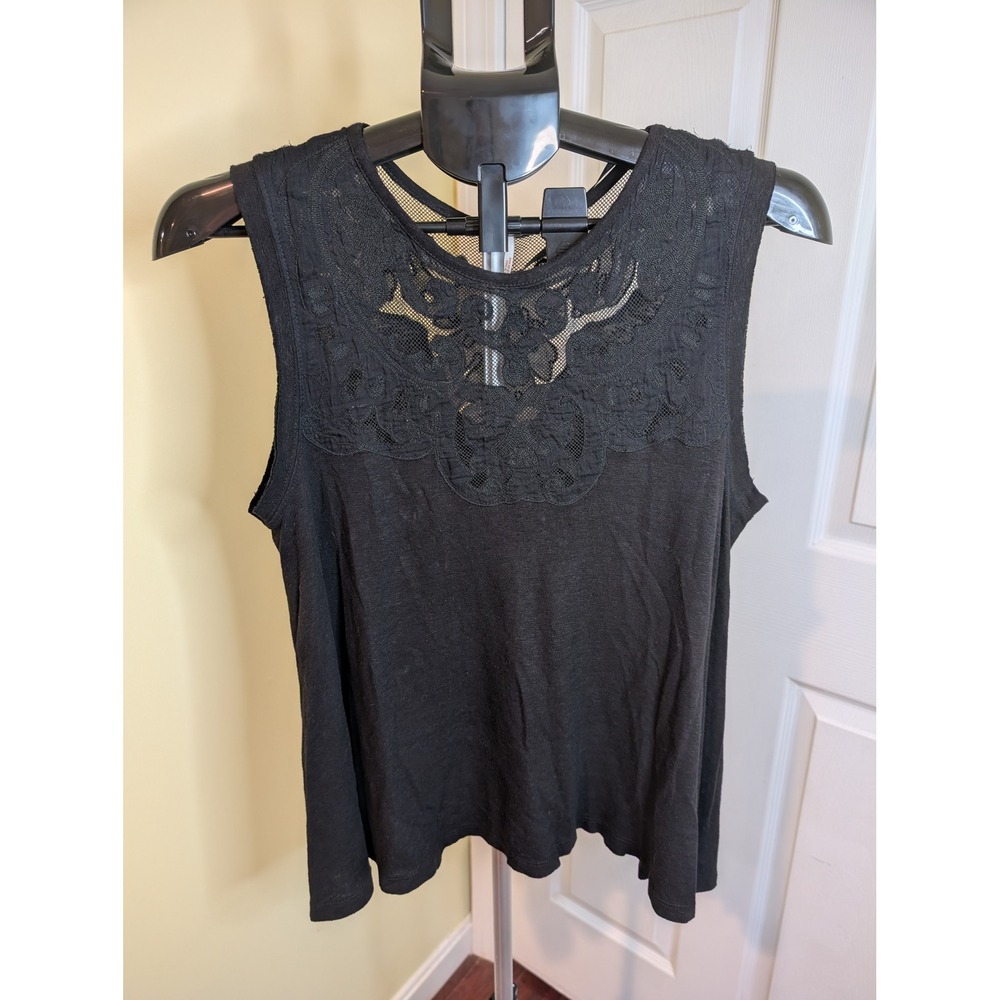 Free People Tank Top Black Lace Mesh Yoke Linen Blend Boho - Size XS
